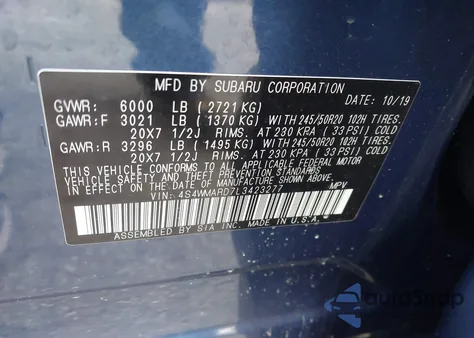 2020 Subaru Ascent Touring z USA, uszkodzony, nr VIN 4S4WMARD7L3423277